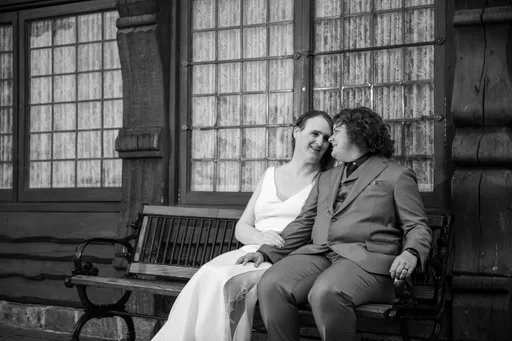 A black and white photo of Alexis and Christian